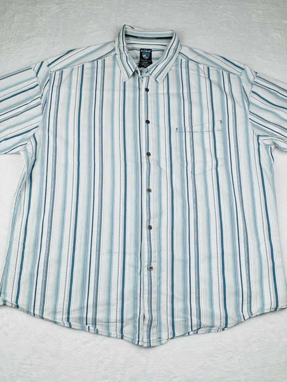Kuhl Suncel blue/ white striped short-sleeve button-down hiking shirt. Size XXL.